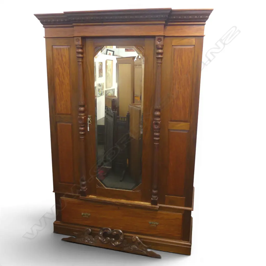 19thC NZ COLONIAL KAURI WARDROBE 1500 x 600 x 2150mm. Mottled kauri panels & base drawer front. Image 1++