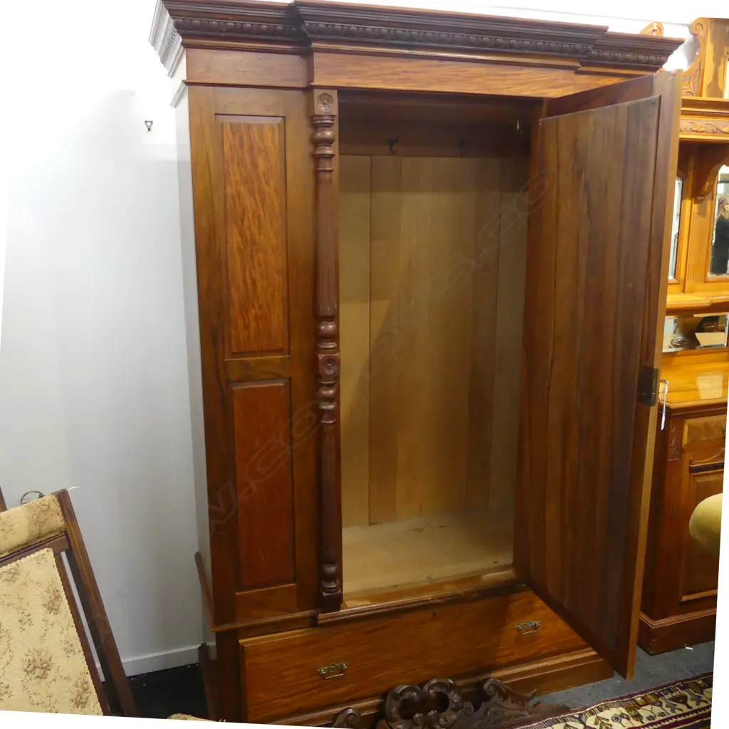 19thC NZ COLONIAL KAURI WARDROBE 1500 x 600 x 2150mm. Mottled kauri panels & base drawer front. Image 1++