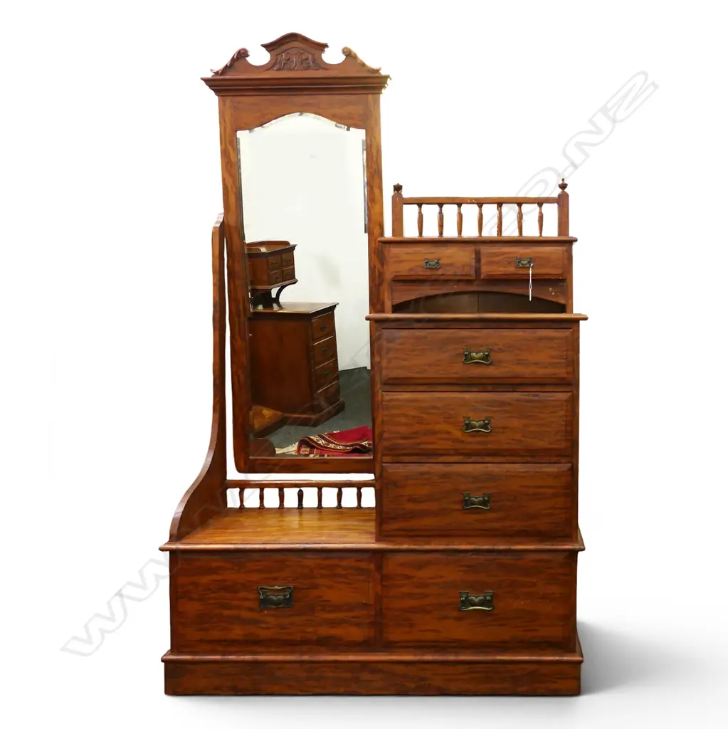 Uncommon 19thC NZ COLONIAL ALL SOLID MOTTLED KAURI DRESSING TABLE. 1280 x 470 x 2090mm. Image 1++