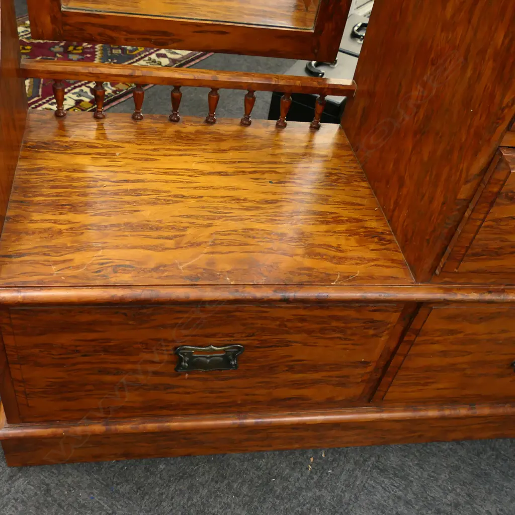 Uncommon 19thC NZ COLONIAL ALL SOLID MOTTLED KAURI DRESSING TABLE. 1280 x 470 x 2090mm. Image 1++