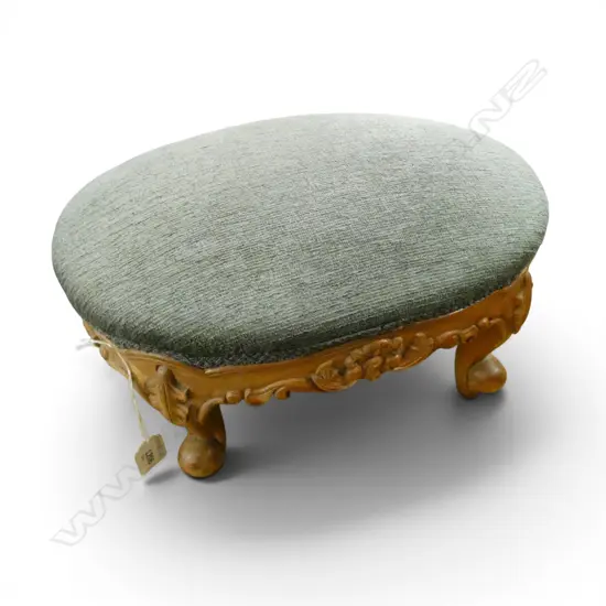 CARVED MAHOGANY GREY FABRIC TOPPED FOOTSTOOL L370MM