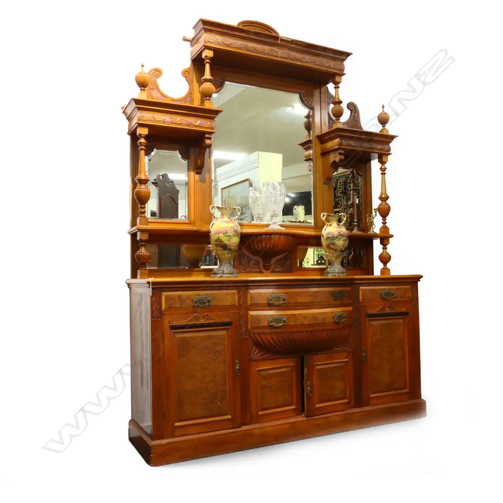 19thC NZ CONIAL IMPRESSIVE POT BELLIED MIRROR BACK SIDEBOARD - BORER TO PEDIMENT PIECE. 1980 X 630 X 2700mm Image 1++