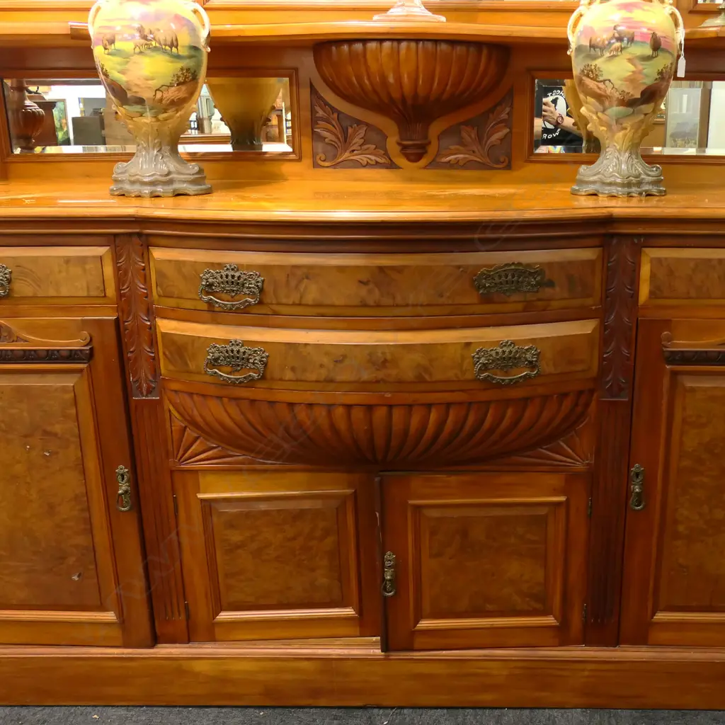 19thC NZ CONIAL IMPRESSIVE POT BELLIED MIRROR BACK SIDEBOARD - BORER TO PEDIMENT PIECE. 1980 X 630 X 2700mm Image 1++
