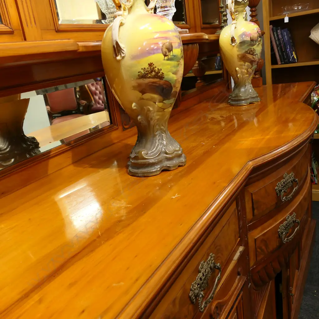 19thC NZ CONIAL IMPRESSIVE POT BELLIED MIRROR BACK SIDEBOARD - BORER TO PEDIMENT PIECE. 1980 X 630 X 2700mm Image 1++