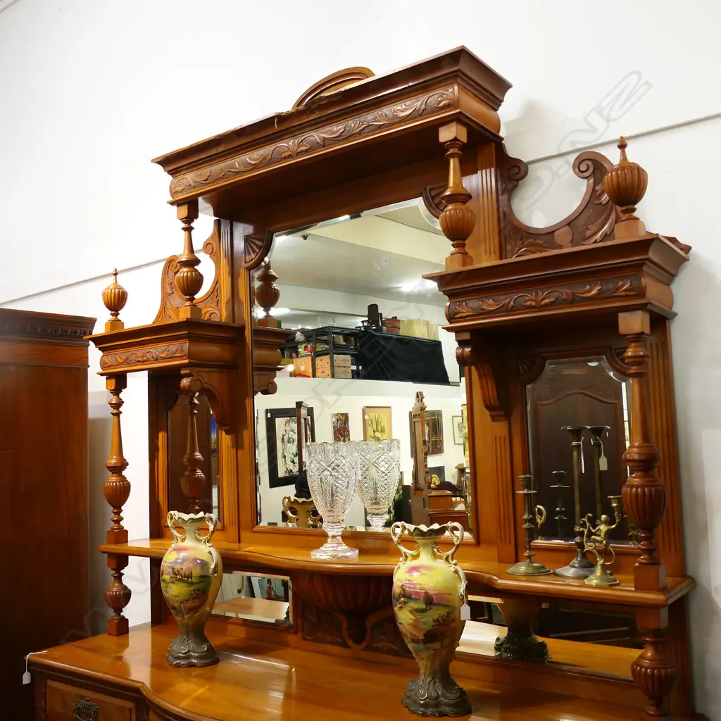 19thC NZ CONIAL IMPRESSIVE POT BELLIED MIRROR BACK SIDEBOARD - BORER TO PEDIMENT PIECE. 1980 X 630 X 2700mm Image 1++