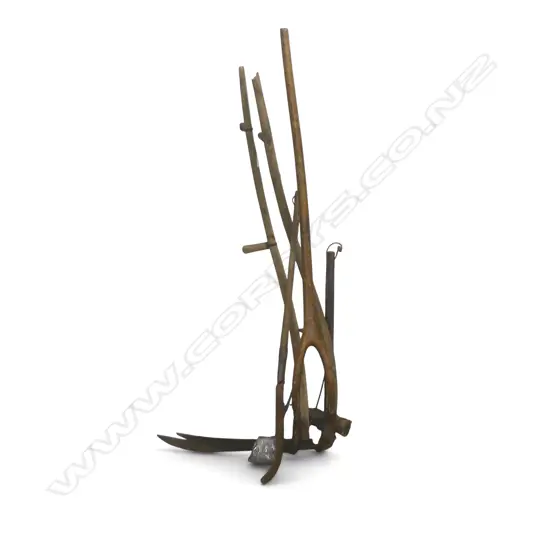 5 VINTAGE FARM TOOLS; 2 SCYTHES, SICKLE, FORK & HAMMER