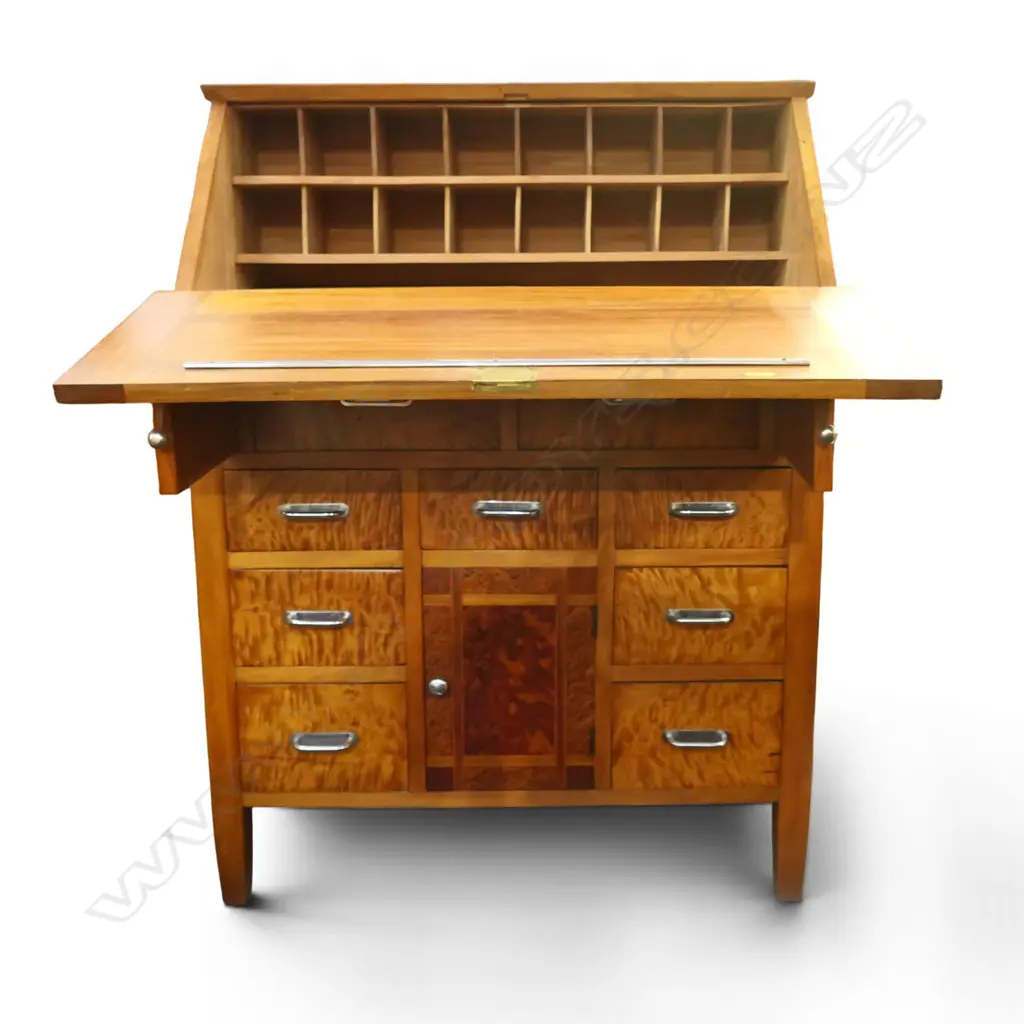 Early 20thC RIMU DROP FRONT DESK w. NATIVE TIMBER INLAY - FAULTS TO WOODWORK AT HINGES. W.860mm. H.1085mm. Image 1++