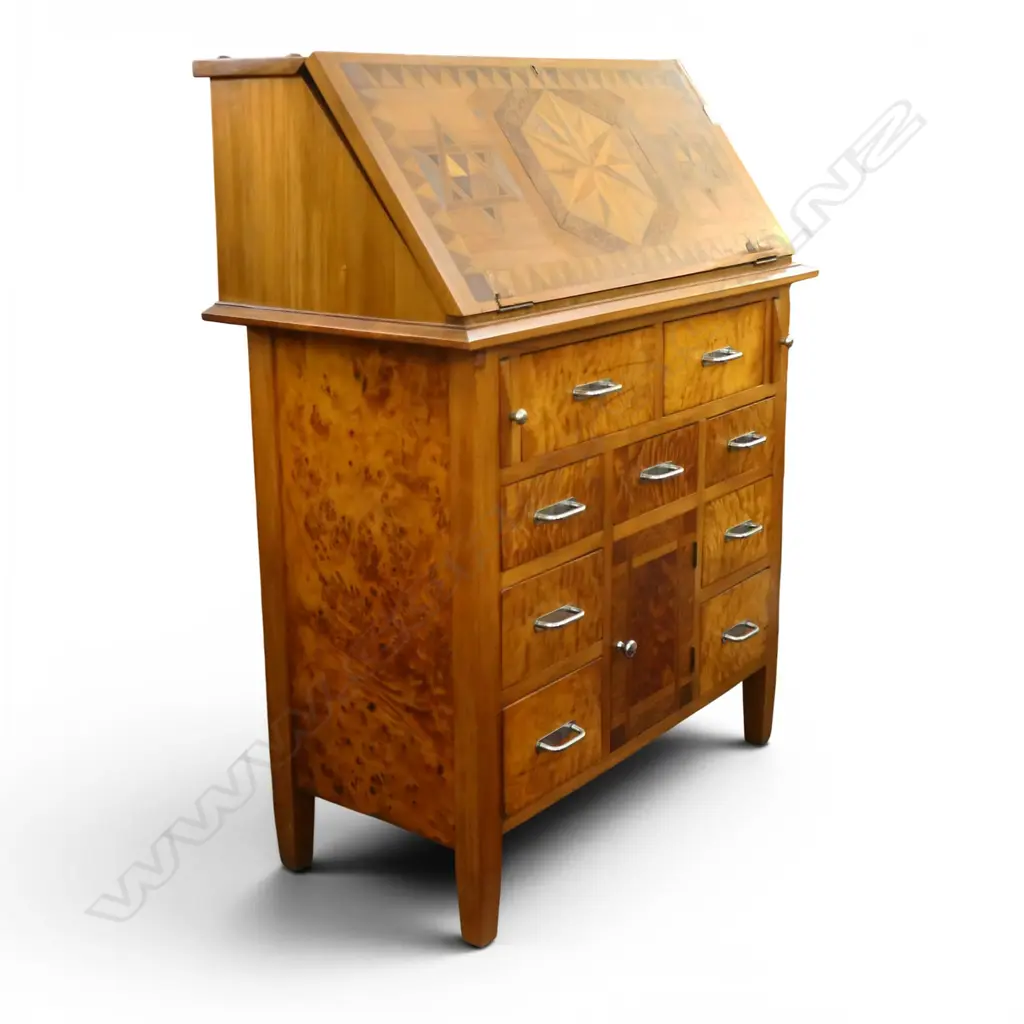 Early 20thC RIMU DROP FRONT DESK w. NATIVE TIMBER INLAY - FAULTS TO WOODWORK AT HINGES. W.860mm. H.1085mm. Image 1++