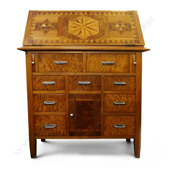 Early 20thC RIMU DROP FRONT DESK w. NATIVE TIMBER INLAY - FAULTS TO WOODWORK AT HINGES. W.860mm. H.1085mm.