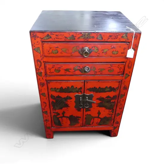 VINTAGE CHINESE RED & BLACK PAINTED 2 DRAWER 2 DOOR SMALL CABINET H600 L400MM
