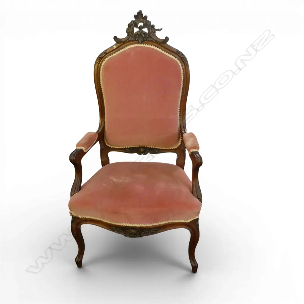 VICTORIAN  CARVED OPEN ELBOW HIGH BACKED CHAIR PINK VELVET UPOSTERY H1300 W670MM Image 1++