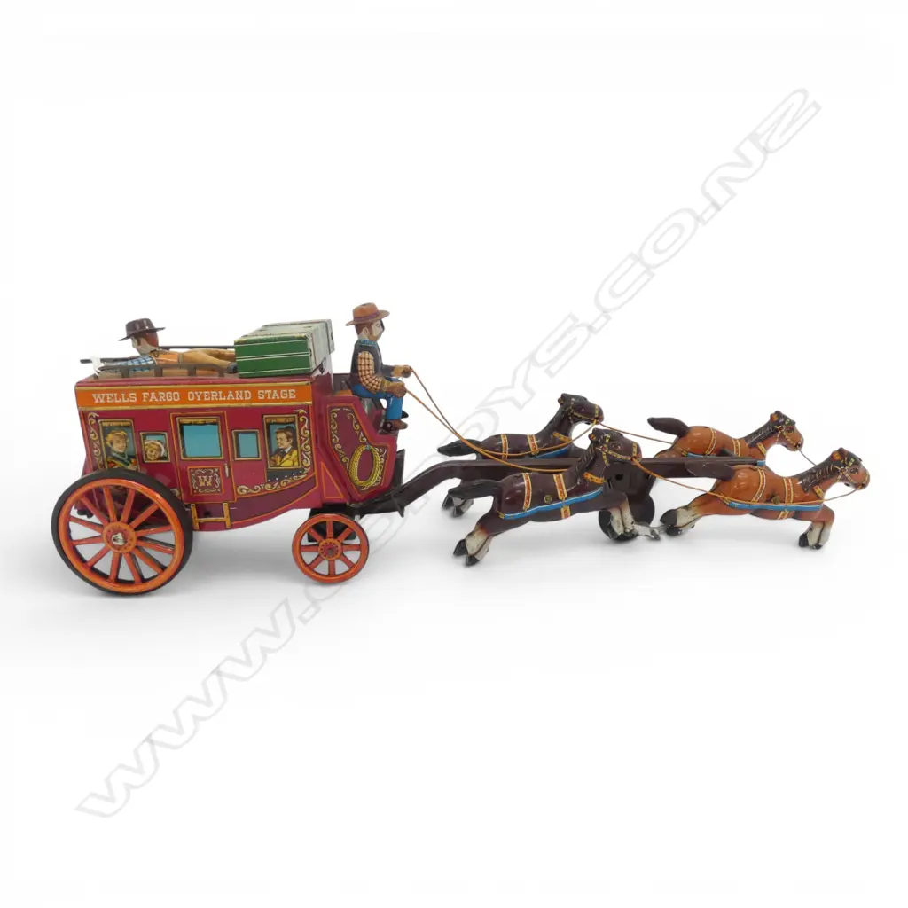 VINTAGE TIN TOY STAGE COACH 'WELLS FARGO OVERLAND STAGE' L.470mm Image 1++