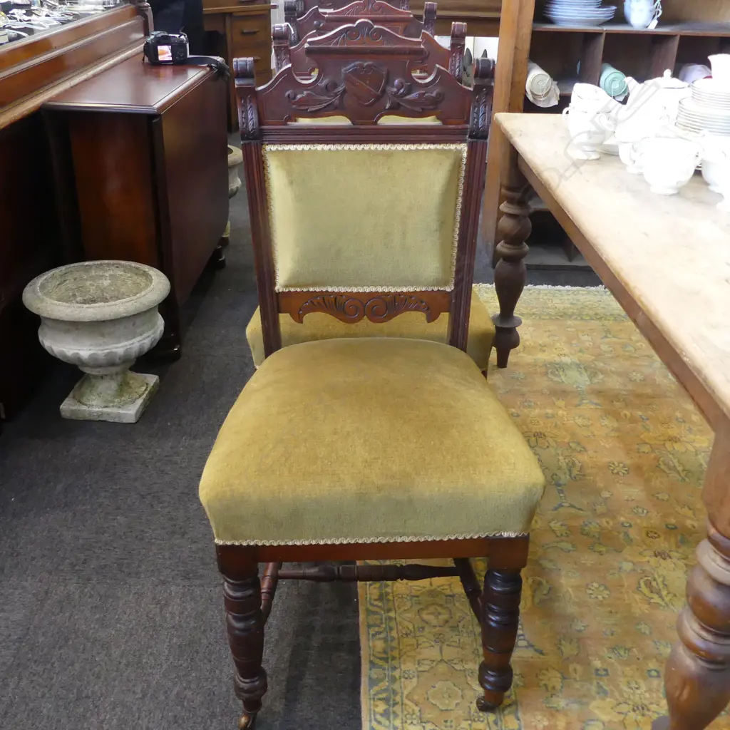 4 EDWARDIAN DINING CHAIRS; GREEN VELVET UPHOLSTERY Image 1++