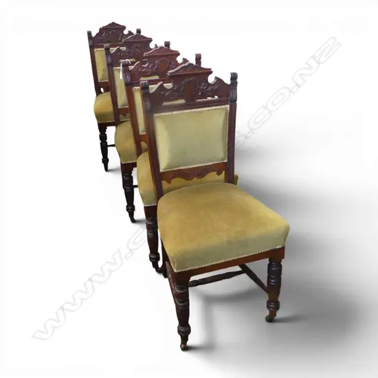 4 EDWARDIAN DINING CHAIRS; GREEN VELVET UPHOLSTERY