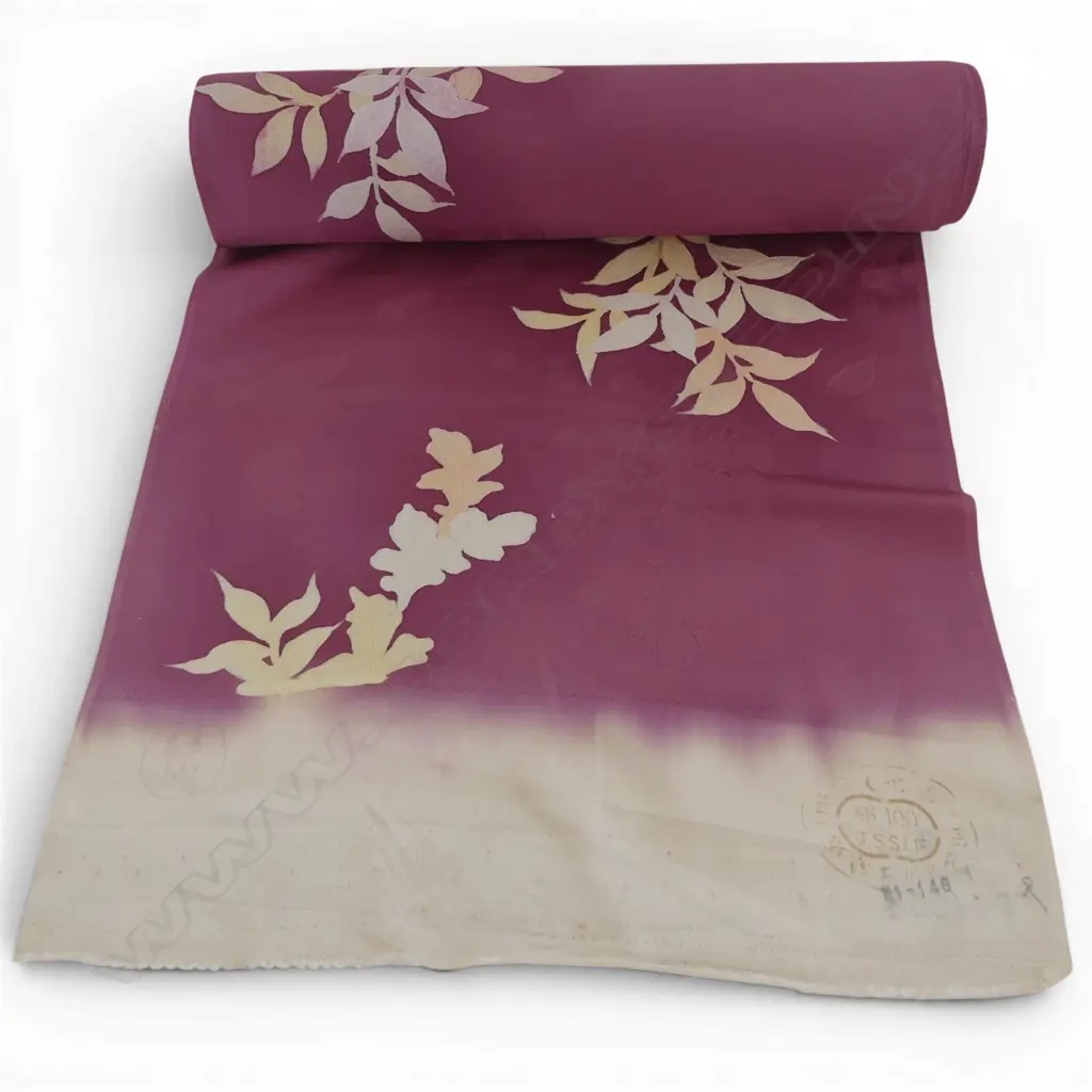 Unused 1980's NISHIJIN TEXTILE (Kyoto) JAPANESE leafy plum/pink SILK ROLL L.12M W.370mm. New old stock... Image 1++