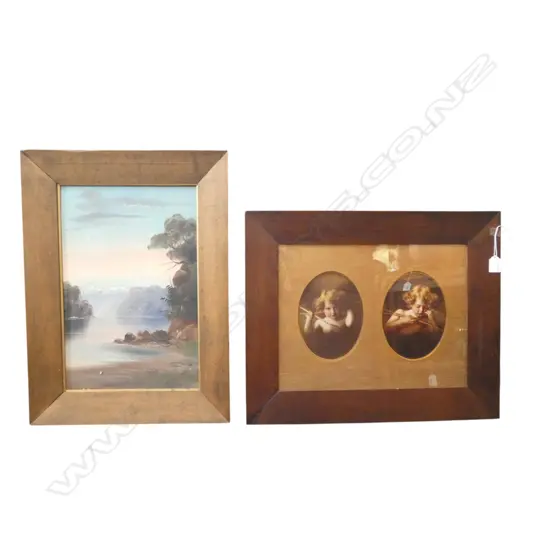 2 EARLY 20thC ARTWORKS; CUPID PRINT, F. MAXWELL COLONIAL LAKE OIL ON BOARD 440x290mm