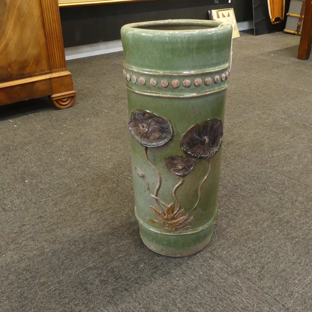 GREEN GLAZED POTTERY UMBRELLA STAND H560MM 2 WALKINGSTICKS & VINTAGE RULER Image 1++