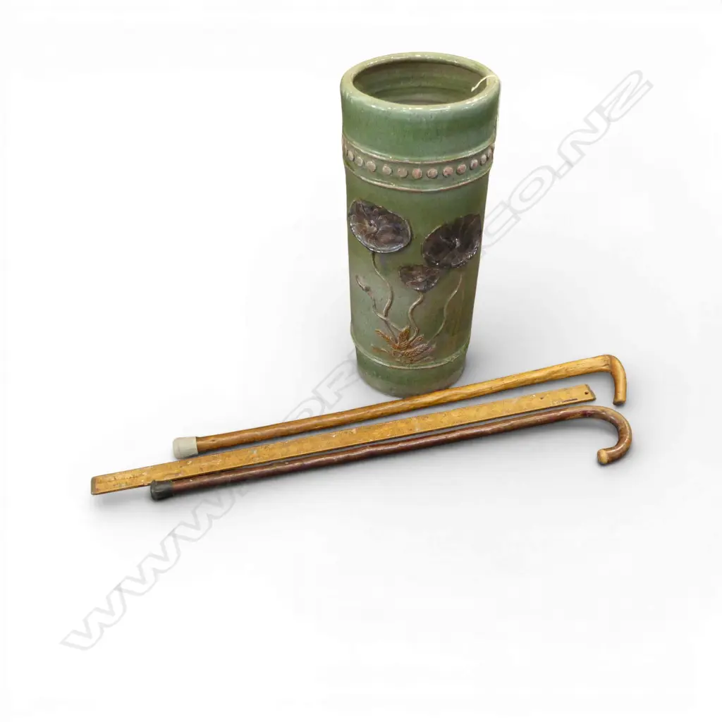 GREEN GLAZED POTTERY UMBRELLA STAND H560MM 2 WALKINGSTICKS & VINTAGE RULER Image 1++