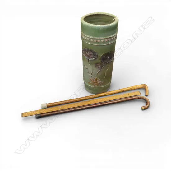 GREEN GLAZED POTTERY UMBRELLA STAND H560MM 2 WALKINGSTICKS & VINTAGE RULER