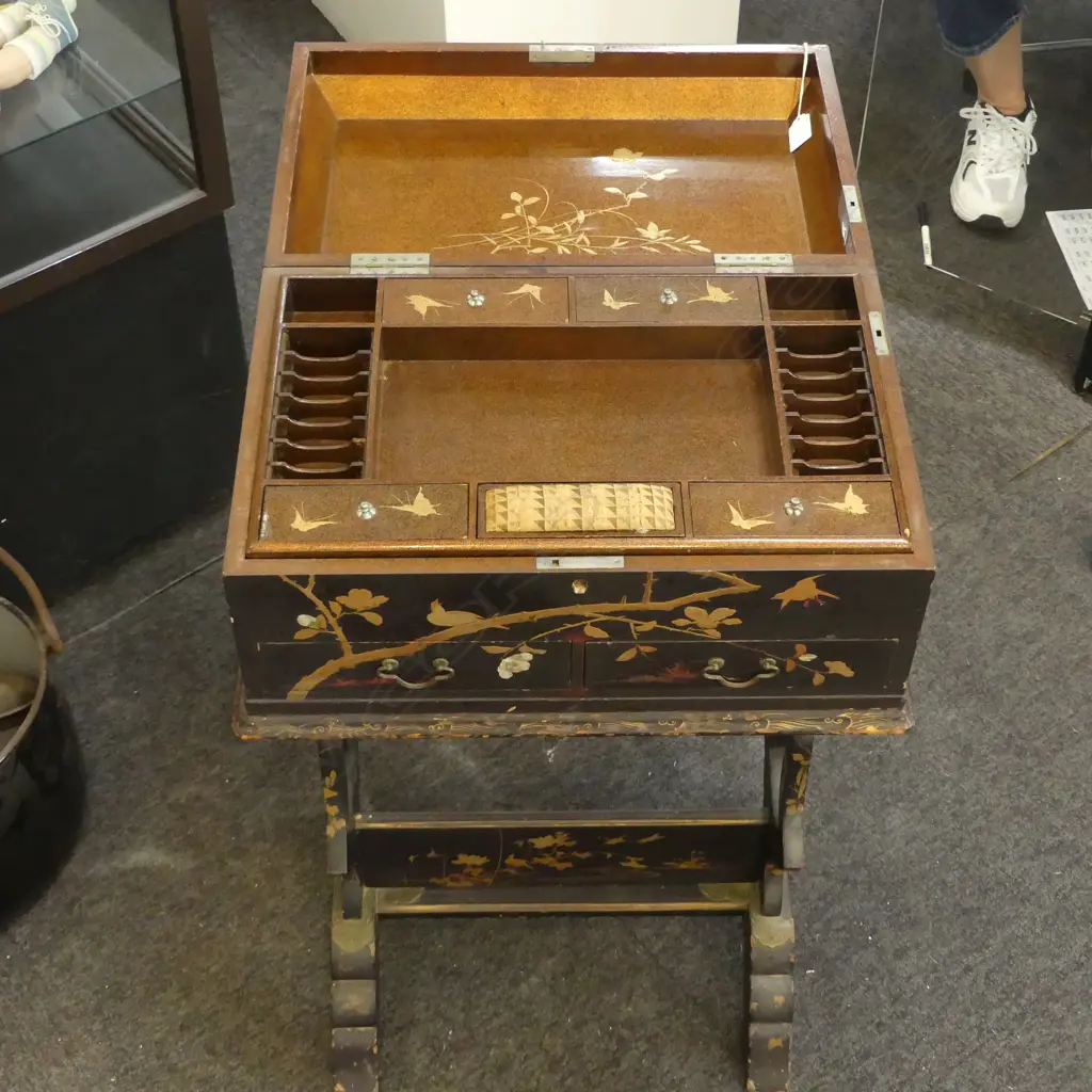 ORIENTAL SEWING BOX on stand, good lacquer fitted interior H.455 x 300 x 870mm some damage Image 1++