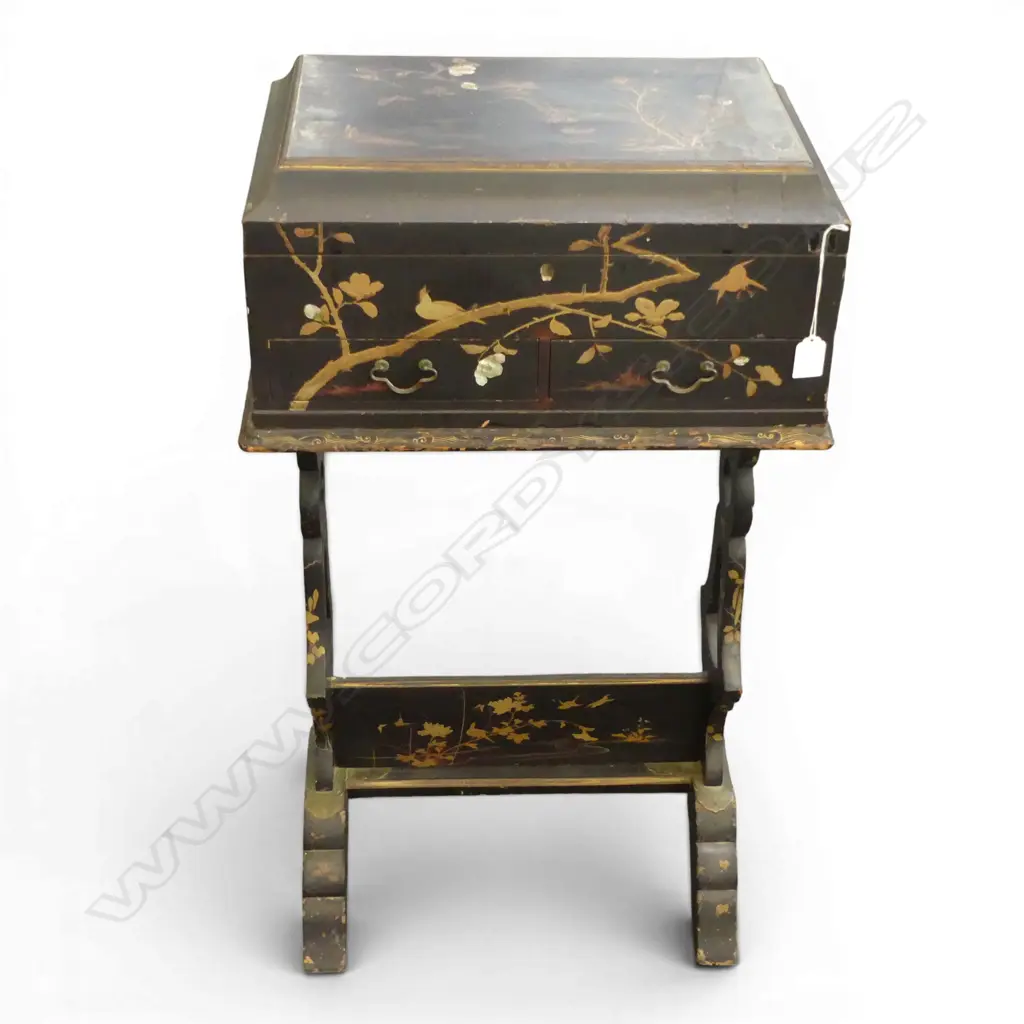 ORIENTAL SEWING BOX on stand, good lacquer fitted interior H.455 x 300 x 870mm some damage Image 1++