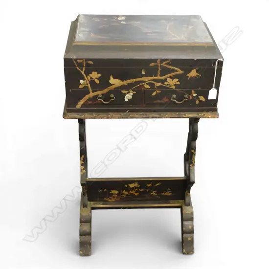 ORIENTAL SEWING BOX on stand, good lacquer fitted interior H.455 x 300 x 870mm some damage