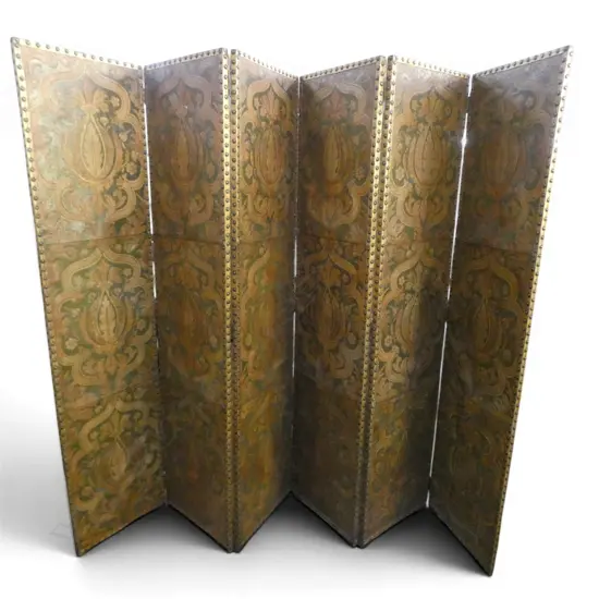 VINTAGE LEATHER 6 PANEL FOLDING SCREEN H.1940mm
