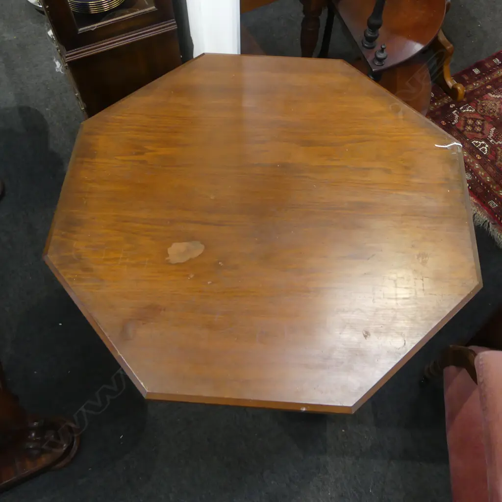 Late 19thC dark stained KAURI OCTAGONAL OCCASIONAL TABLE H.770mm Dia.805mm. BORER to frieze. Image 1++