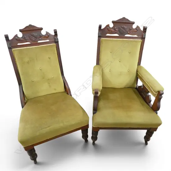 EDWARDIAN GRANDFATHER & GRANDMOTHER CHAIR IN VELVET UPHOLSTERY