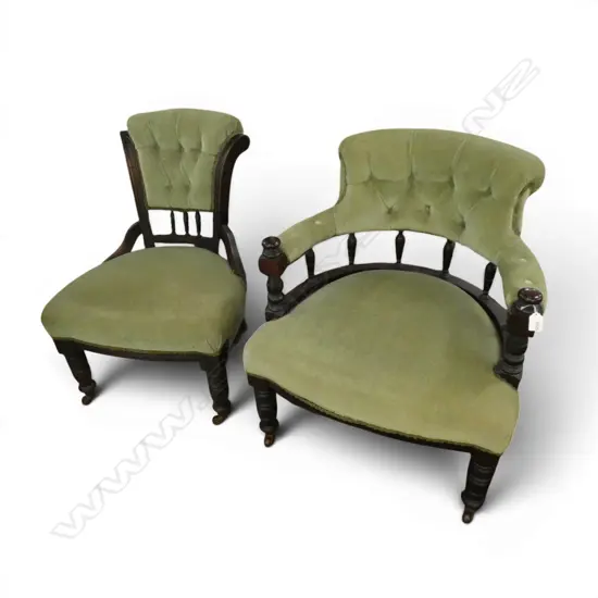 2 EDWARDIAN TUB CHAIRS, GREEN VELVET UPHOLSTERY