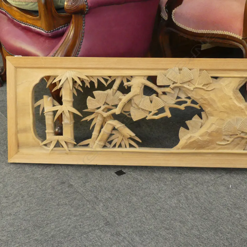 OLD JAPANESE DEEP RELIEF CARVED CEDAR PANEL PINE & BAMBOO W.1760mm Image 1++