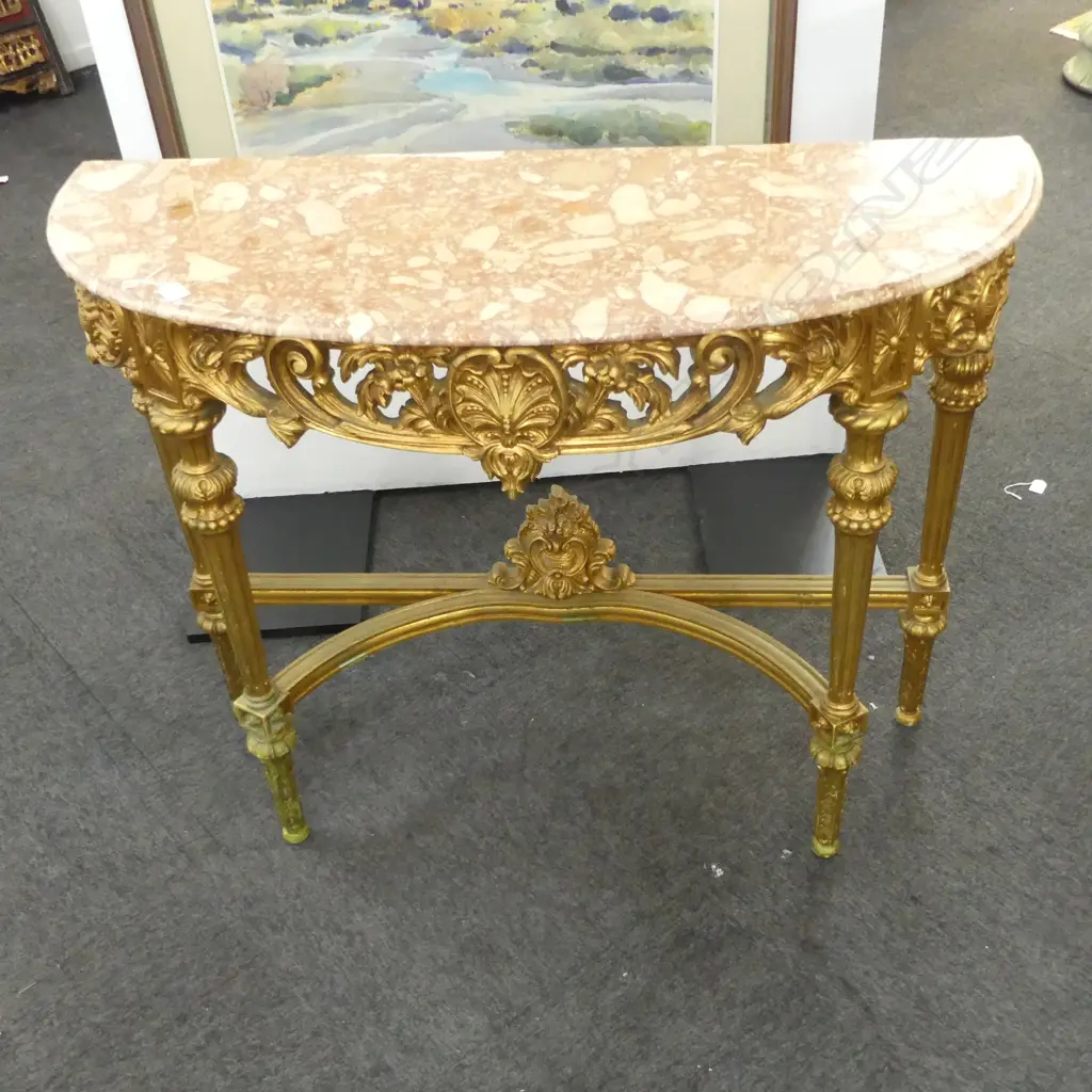 FRENCH GILT WOOD DEMILUNE CONSOLE TABLE w. RED MARBLE TOP 1150x430x900mm Image 1++