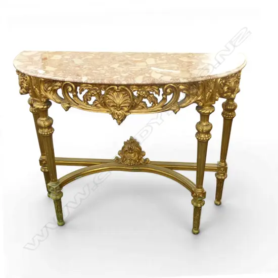 FRENCH GILT WOOD DEMILUNE CONSOLE TABLE w. RED MARBLE TOP 1150x430x900mm