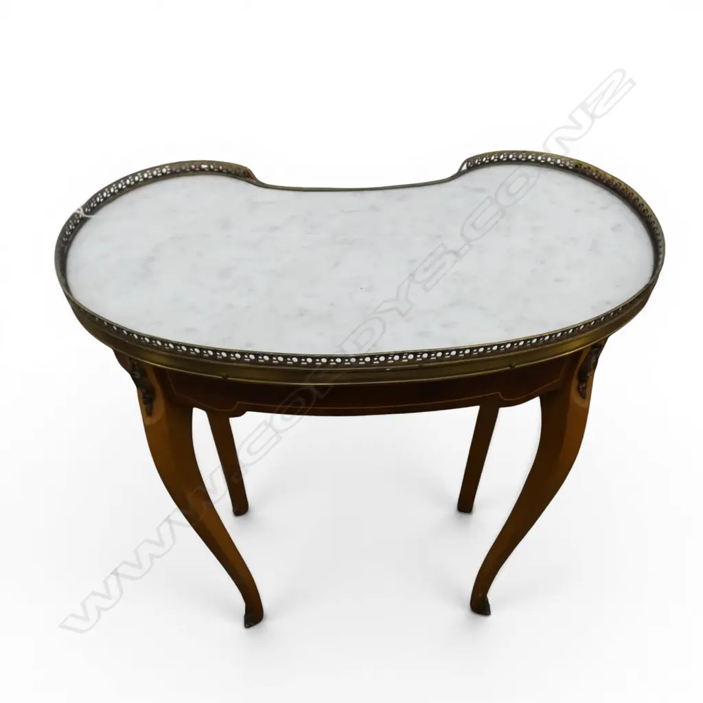 FRENCH LOUIS XV STYLE TABLE KIDNEY SHAPE MARBLE TOP BRASS GALLERY ONE DRAWER 530 x 530mm Image 1++