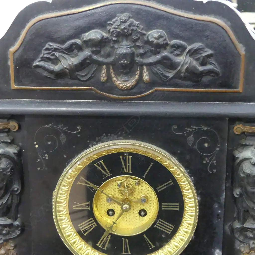 LARGE IMPPRESIVE VICTORIAN BLACK MARBLE CLASSICAL MANTLE CLOCK H470 W520MM Image 1++