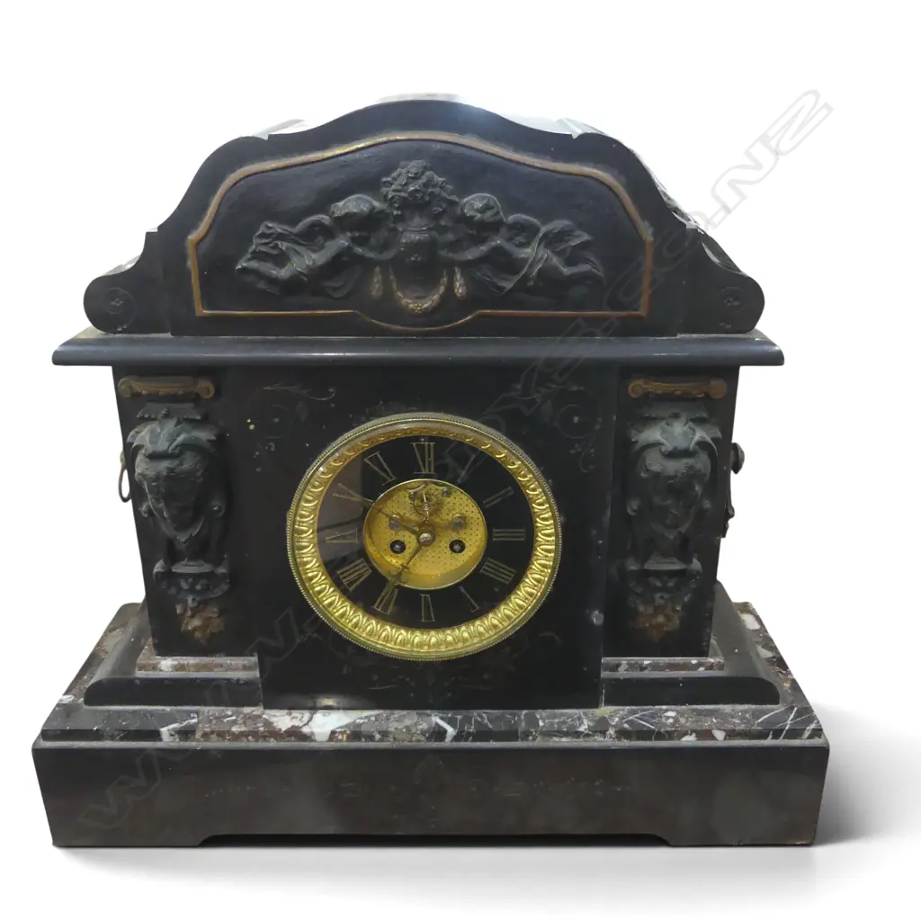 LARGE IMPPRESIVE VICTORIAN BLACK MARBLE CLASSICAL MANTLE CLOCK H470 W520MM Image 1++