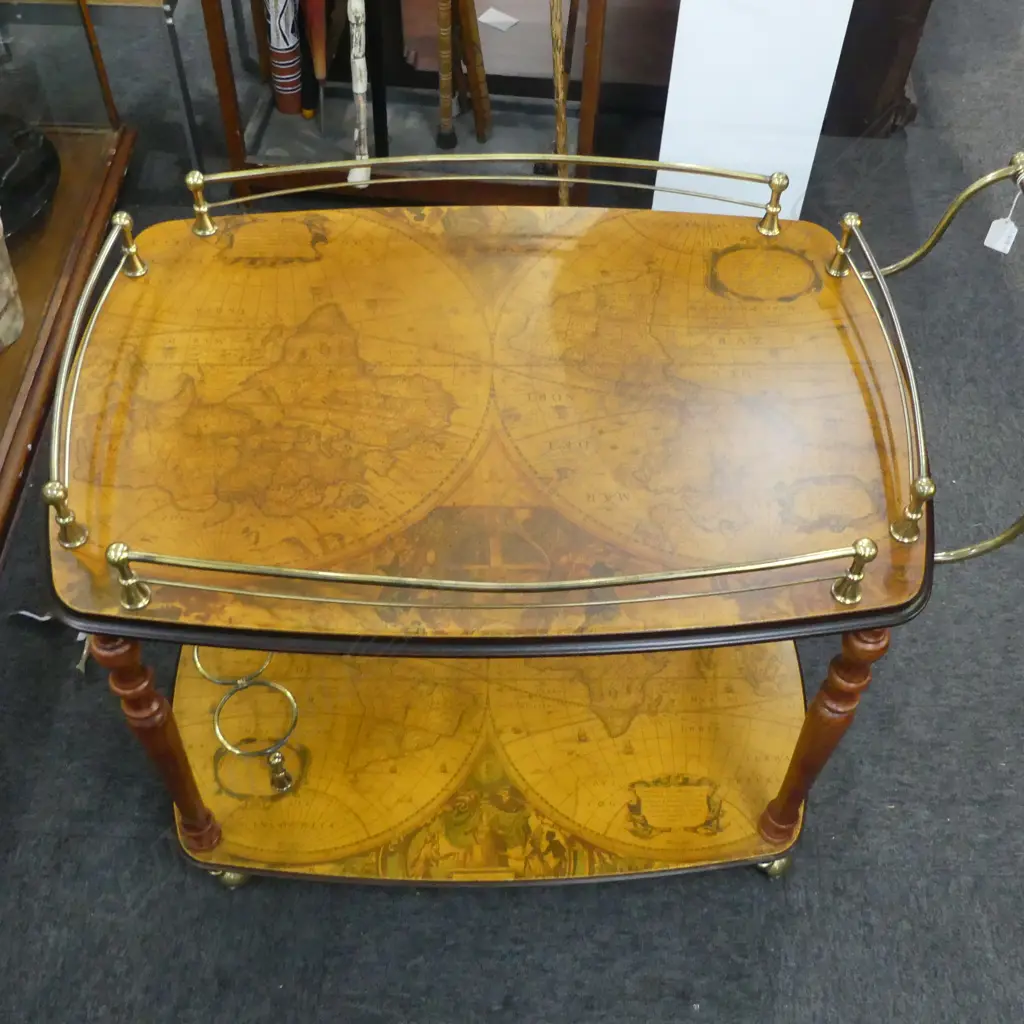ITALIAN STYLE TEA TROLLEY with antique style double maps of the world to each tier GILT FITTINGS Image 1++