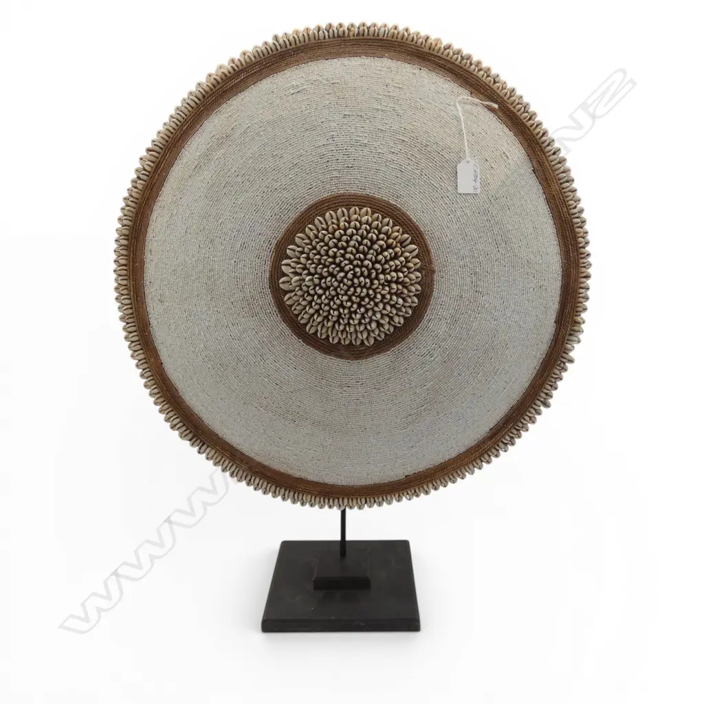 LARGE PACIFIC? CARVED WOODEN SHIELD the front finely mounted w rows of small shells & beads Dia.530mm. On stand Image 1++