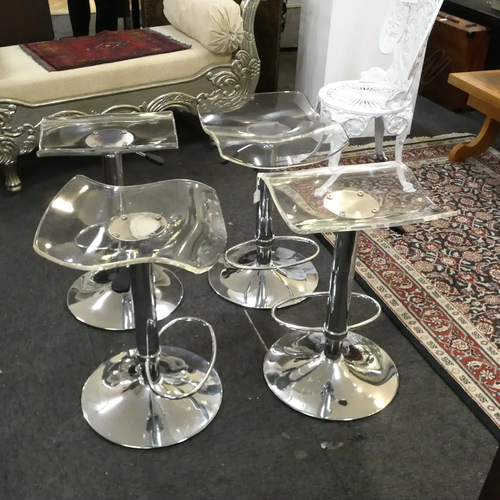 4 CHROME & PERSPEX BENCH STOOLS Image 1++