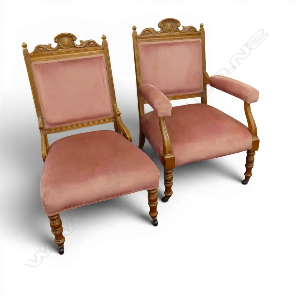 2 EDWARDIAN CHAIRS; GRANDFATHER & GRANDMOTHER, SALMON VELVET Image 1++