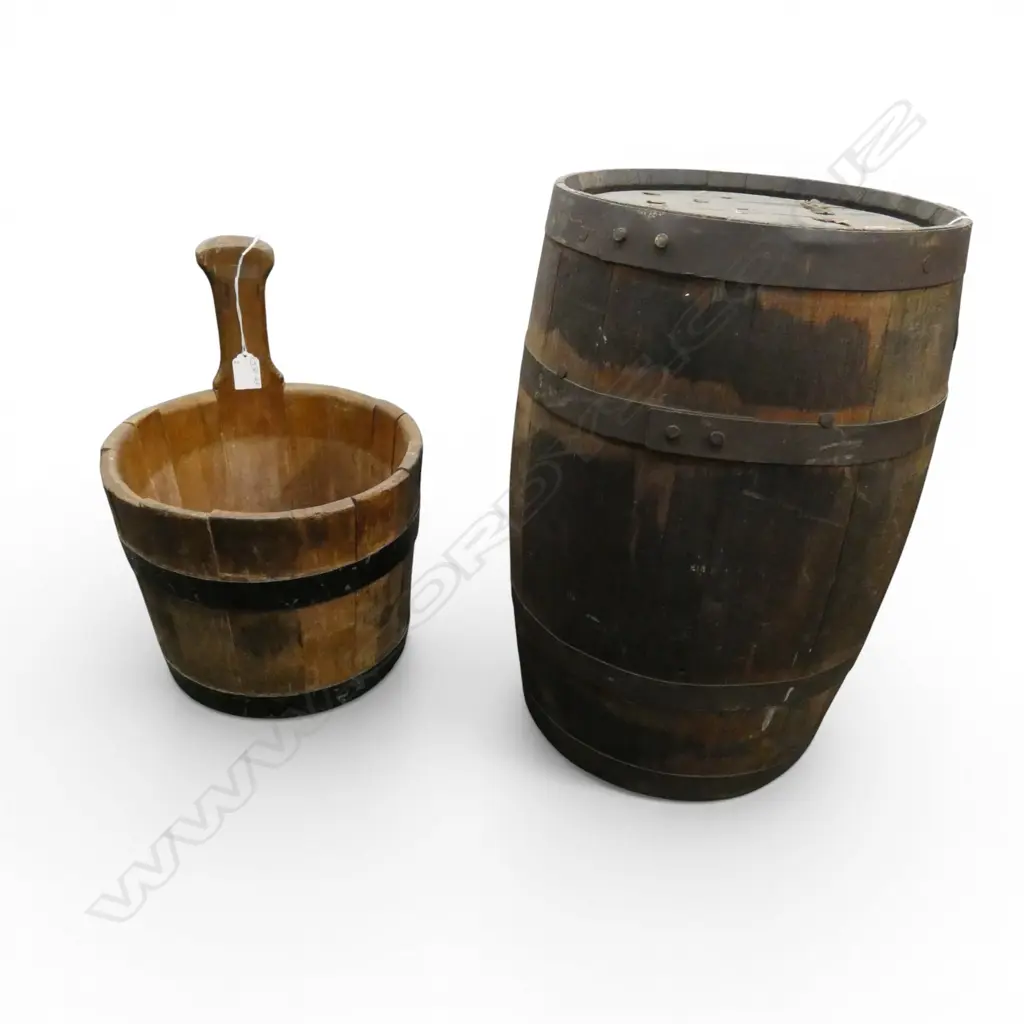 SMALL WOODEN BARREL one top plank missing + FIRKIN H.440/350mm Image 1++