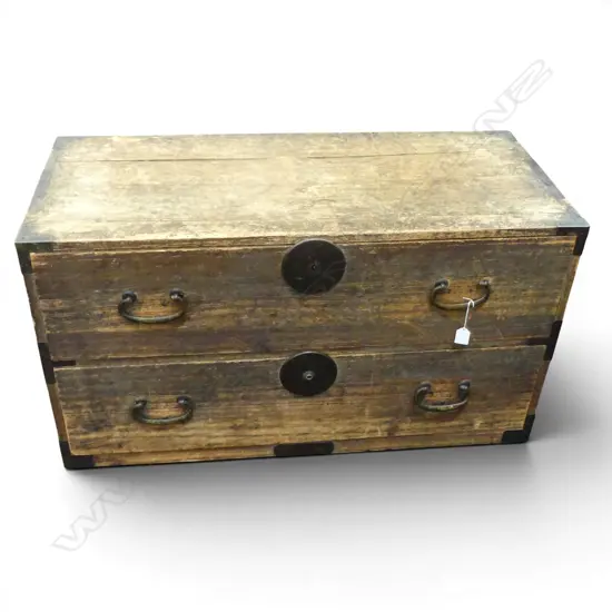 OLD JAPANESE HALF 2 drawer TANSU CHEST top section only. Top with small crack. Cooper fittings