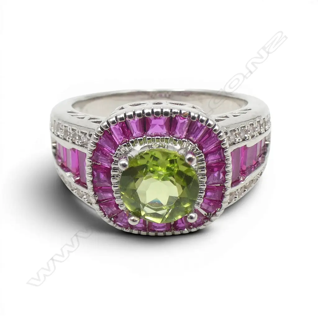 PERIDOT & PINK STONE RING, (AIG CERT for peridot) SIZE P Image 1++