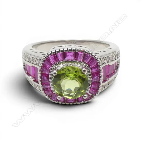 PERIDOT & PINK STONE RING, (AIG CERT for peridot) SIZE P