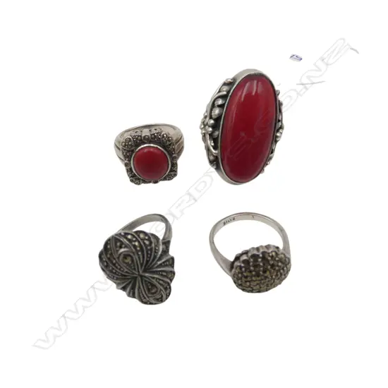 4x STG SILVER RINGS 2x SIZE O.  2x w. RED STONES? SZE O/M  34gms