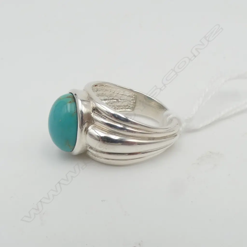 SILVER TURQUOISE CABOCHON RING, NEW, SIZE O Image 1++