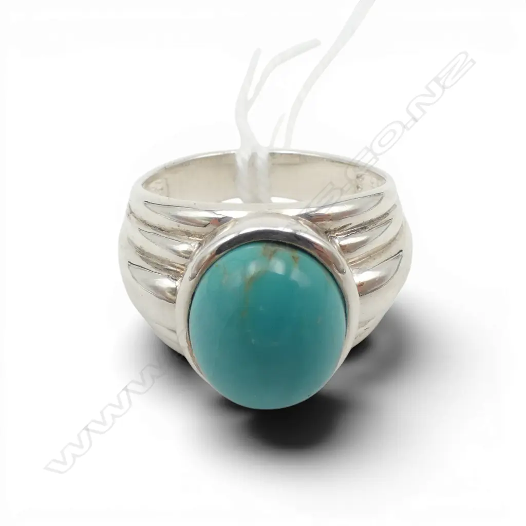 SILVER TURQUOISE CABOCHON RING, NEW, SIZE O Image 1++