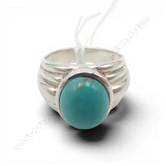 SILVER TURQUOISE CABOCHON RING, NEW, SIZE O