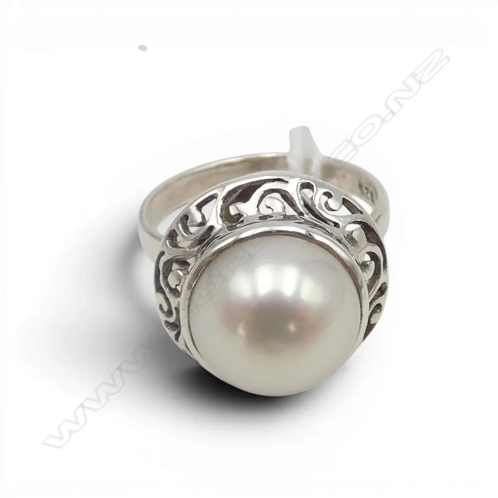 SILVER FILIGREE PEARL RING SIZE P Image 1++