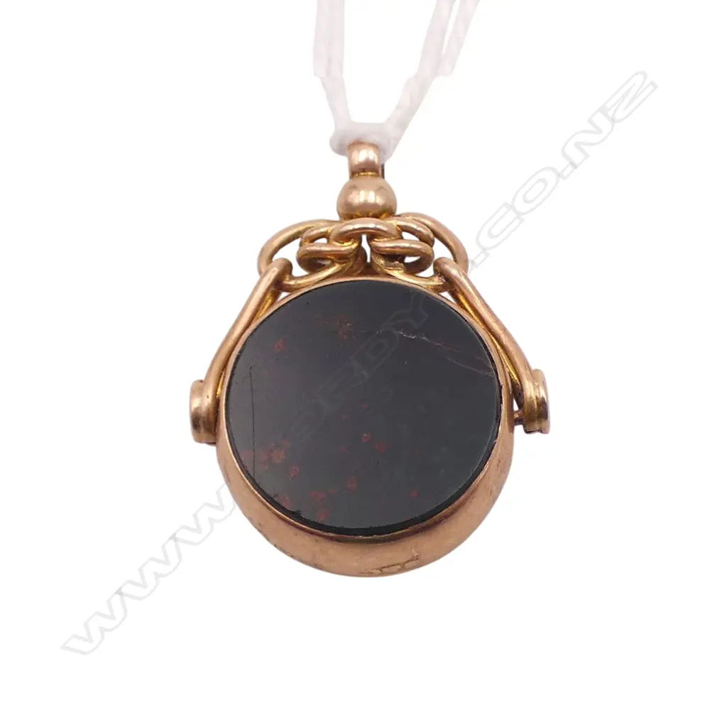 9ct ROSE GOLD BLOODSTONE / CARNELIAN FOB SPINNER, 4.16gm Image 1++